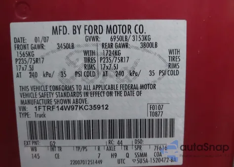 2007 Ford F-150 Stx/Xl/Xlt from USA, damaged, VIN 1FTRF14W97KC35912